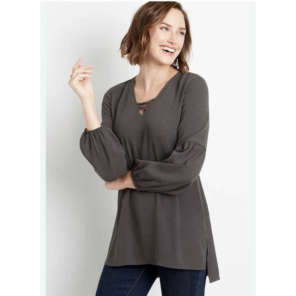 Maurices Gray Lantern‎ Sleeve Lattice Neck Tunic Blouse Womens XL